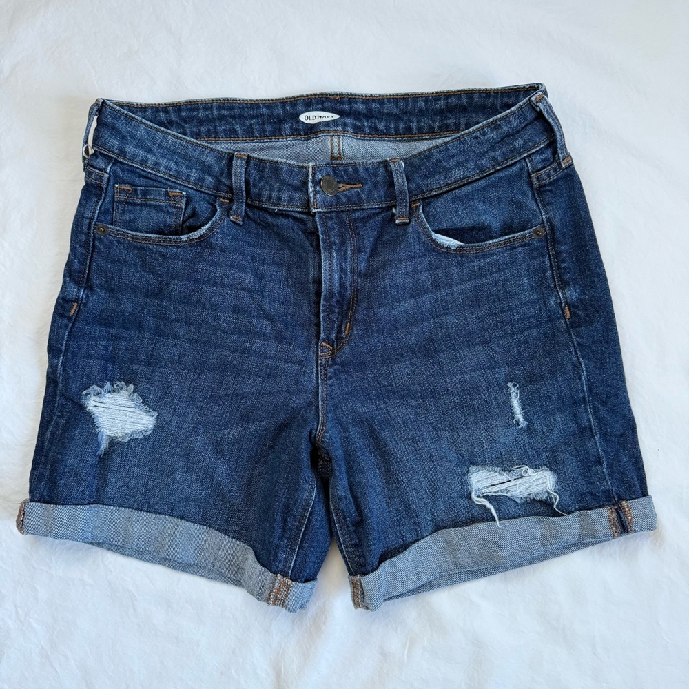 Old Navy High Rise Secret-Slim Pockets Blue Denim Jean Shorts  Distressed Rolled